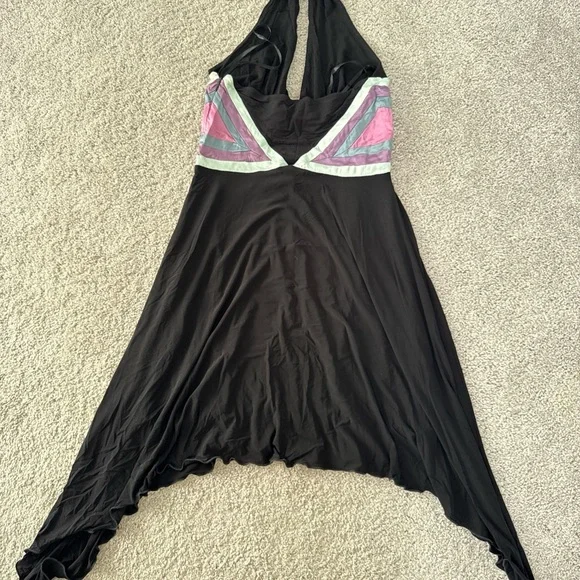 Vntg Bebe Halterneck Black Dress Satin Accents Size M Asymmetrical Babydoll Y2K - Picture 8 of 9